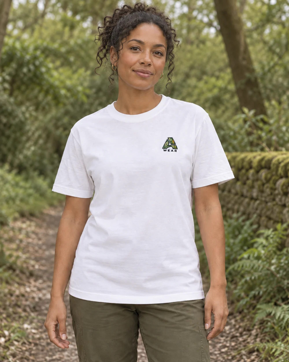 Leaf-filled Woodland A-wear embroidery on a white T-shirt